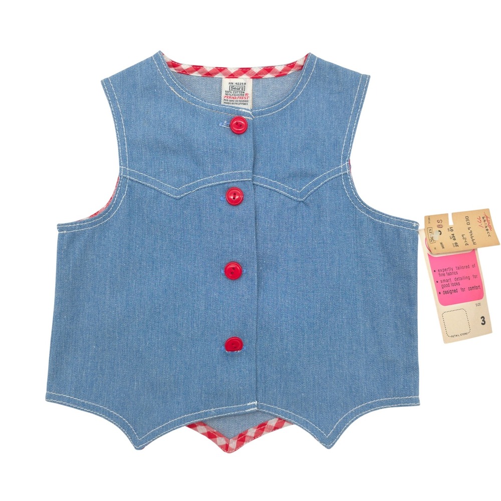 Vintage Sears Perma-Prest Blue Denim Gingham Trim Vest Toddler 3T Deadstock
